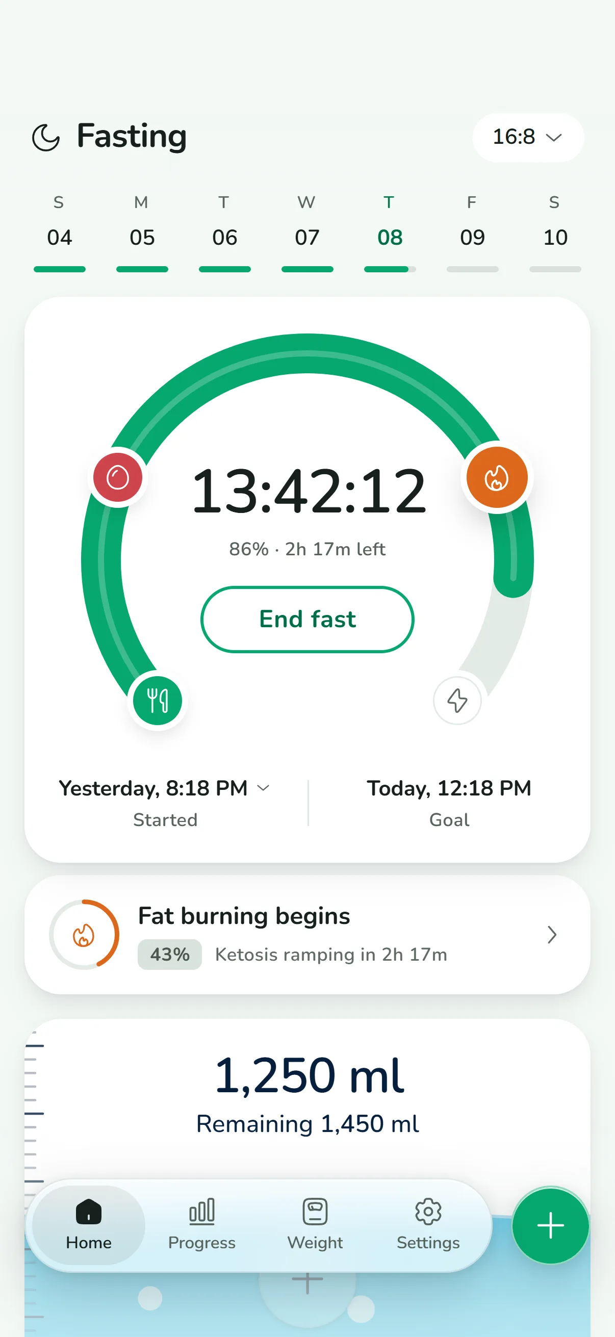 Bide fasting timer: 13 hours 42 minutes into a 16:8 fast, in the fat burning stage, with the water tracker below